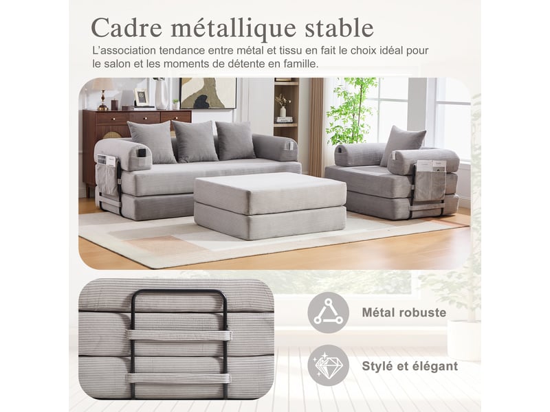 Canapé modulable 4 places en velours côtelé gris clair 200 x 190 x 67 cm avec pouf, poches latérales et coussins 200x190x67cm - Conforama R