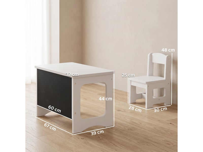  Ensemble table et chaises en bois pour enfants de 3 à 6 ans, plateau réversible, coins arrondis, blanc  - Conforama D