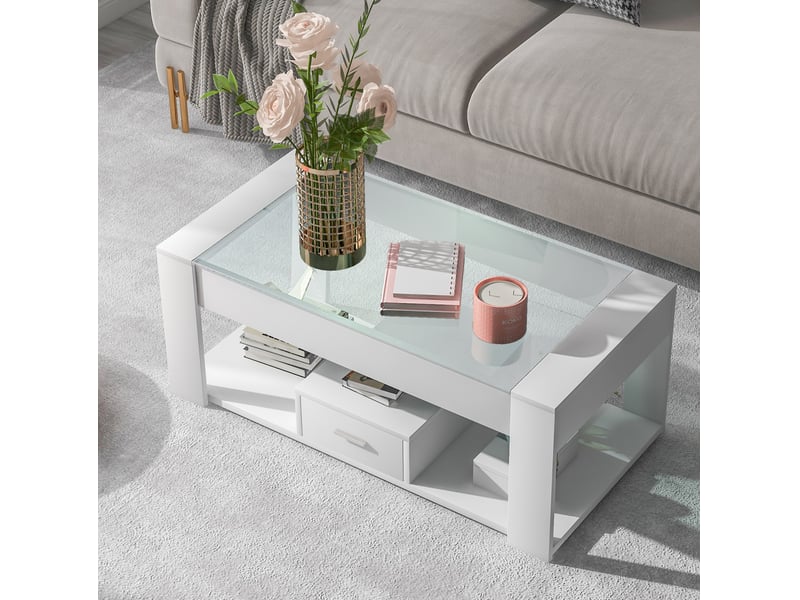  Table basse salon 100x50x40 cm, 2 tiroirs, plateau en verre trempé, rangement, panneaux de particules, blanc  - Conforama D
