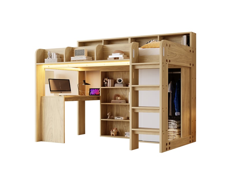 Lit mezzanine enfant 90x200 cm bois naturel, bureau, armoire, éclairage led et prises IKSETERA TRADING LTD - Conforama A