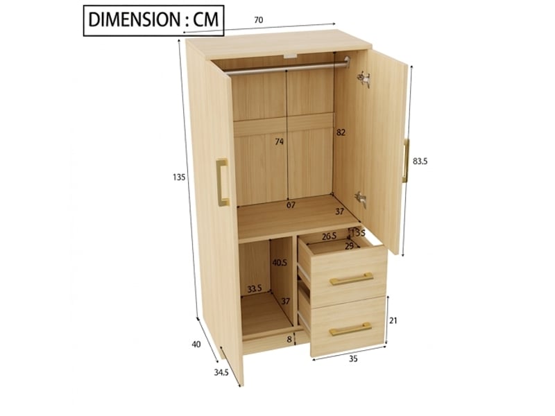  Armoire enfant 2 portes en bois naturel avec tiroirs, 70x40x135 cm, meuble de rangement chambre  - Conforama C