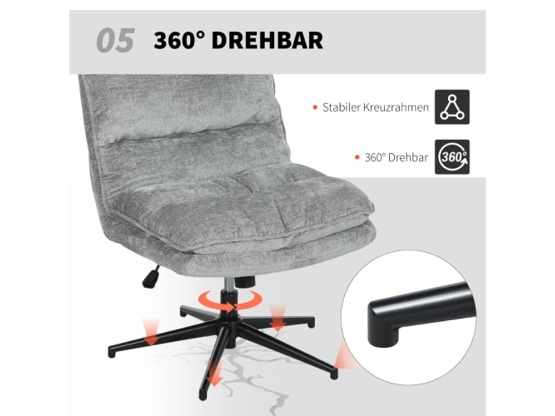 Chaise de bureau pivotante sans accoudoirs, tissu doux gris, réglable en hauteur, pieds en acier - Conforama D