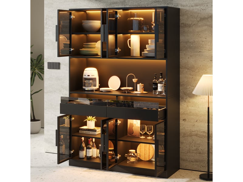  Vitrine haute 120x40x180 cm avec led, 8 portes vitrées, 2 tiroirs, niche ouverte, verre trempé gris, mdf noir, meuble bar et buffet salon  - Conforama C