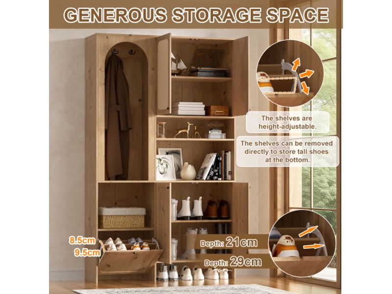 Ensemble d’entrée 120x35x200 cm naturel effet rotin, 4 portes, abattant chaussures, patères et niches, panneaux de particules - Conforama D