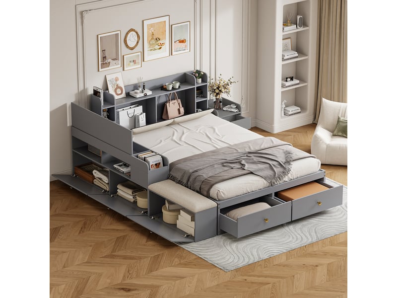  Lit enfant 140x200 cm, tête de lit de rangement et avec 2 tiroirs, en bois, gris, sans matelas  - Conforama C