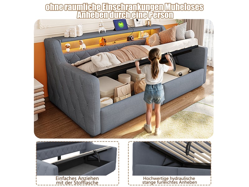  Lit de jour 90x200 cm en tissu lin gris avec rangement hydraulique et ports usbtype-c  - Conforama D