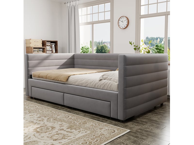  Lit gigogne 3-en-1 90x190 cm, lit 2 places et enfant, avec tiroirs, banquette, design moderne, mdf, gris, sans matelas  - Conforama D