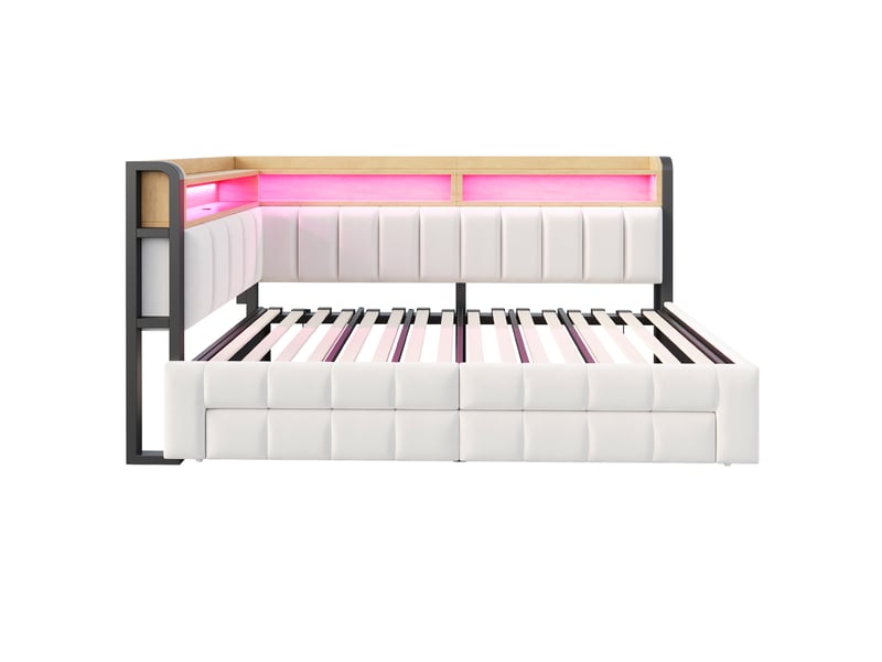 Lit gigogne 90x200 cm avec rangement - canapé lit extensible 180x200 cm - 2 tiroirs, led, usb et type-c - velours beige - Conforama R