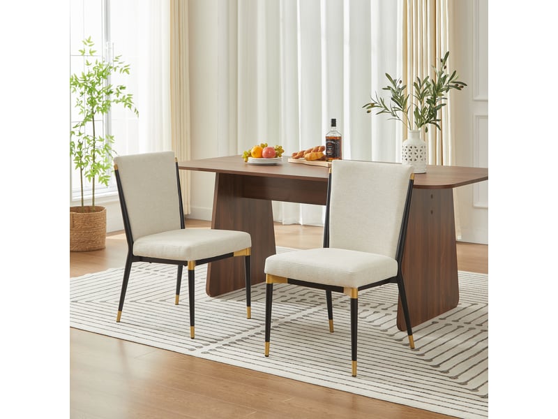 Lot de 2 chaises de salle à manger style scandinave en tissu crème avec pieds noirs et finition dorée  - Conforama C
