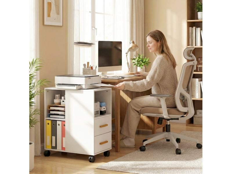  Meuble imprimante 60x30x65 cm avec roulettes bois blanc  - Conforama D