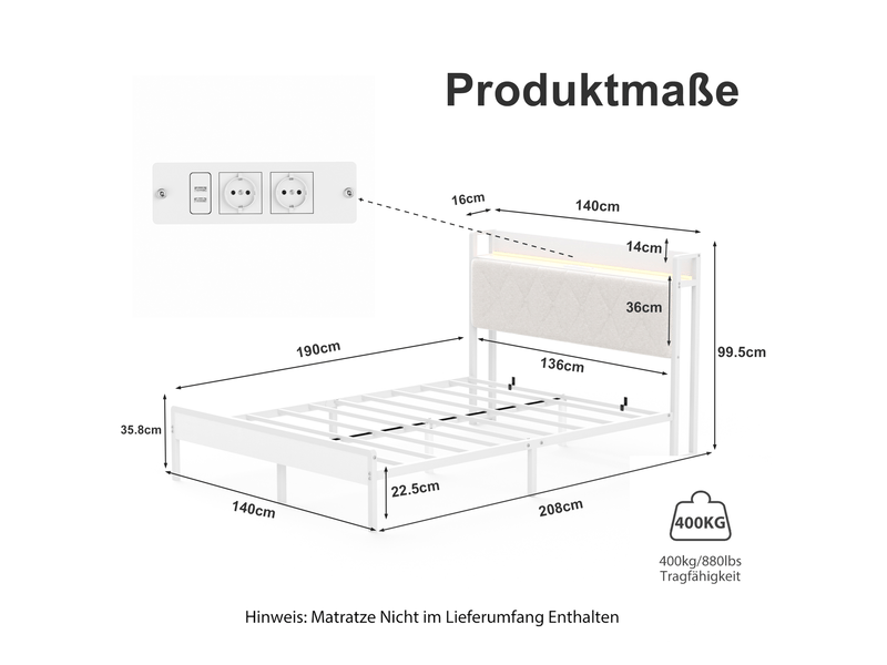  Lit double 140 x 190 cm blanc avec tête de lit rembourrée led et station de charge  - Conforama E