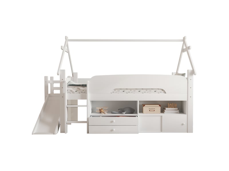 Lit enfant moderne 90 x 200 lit simple avec toit toboggan intégré rangements espace jeu sécurité bois blanc sans matelas  - Conforama A
