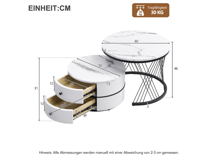  Lot de 2 tables basses gigognes rondes avec 2 tiroirs, effet marbre brillant, blanc  - Conforama E