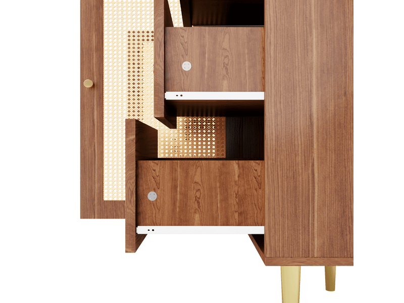  Buffet en rotin 160 cm meuble de rangement avec tiroirs et portes mdf marron pour salon cuisine  - Conforama C