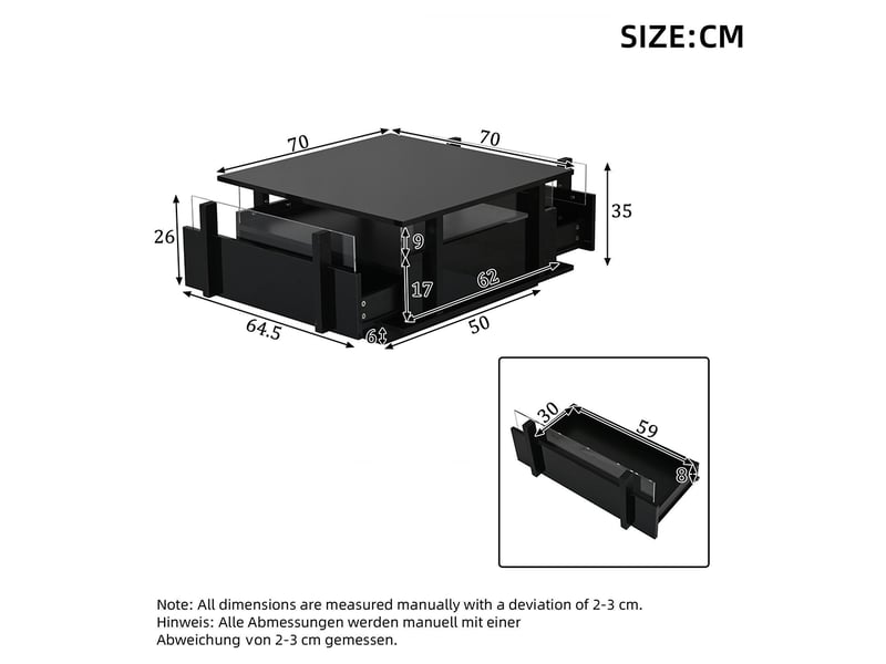  Table basse 70 x 70 x 35 cm, équipée de 2 tiroirs, d'un éclairage led et d'une cloison en acrylique transparent, noir  - Conforama C