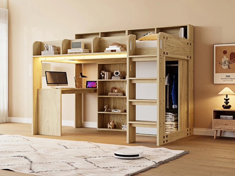 Lit mezzanine, 90 x 200 cm, avec bureau, armoire, éclairage led et prise électrique, bois naturel - Conforama B