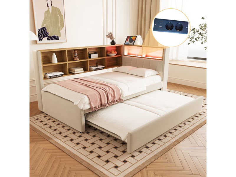 Canapé-lit 90x200 cm + gigogne 90x190 cm avec led et prises, flanelle beige, sans matelas - Conforama E