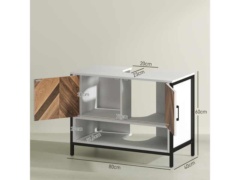 Meuble sous-évier à 2 portes et compartiment ouvert pour évier avec ou sans colonne, 80 x 40 x 60 cm, crème et noyer  - Conforama E