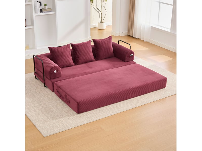  Canapé droit 3 places moderne 200x94x67 cm, modulable librement, rangements latéraux, rangement, velours côtelé, bordeaux  - Conforama D
