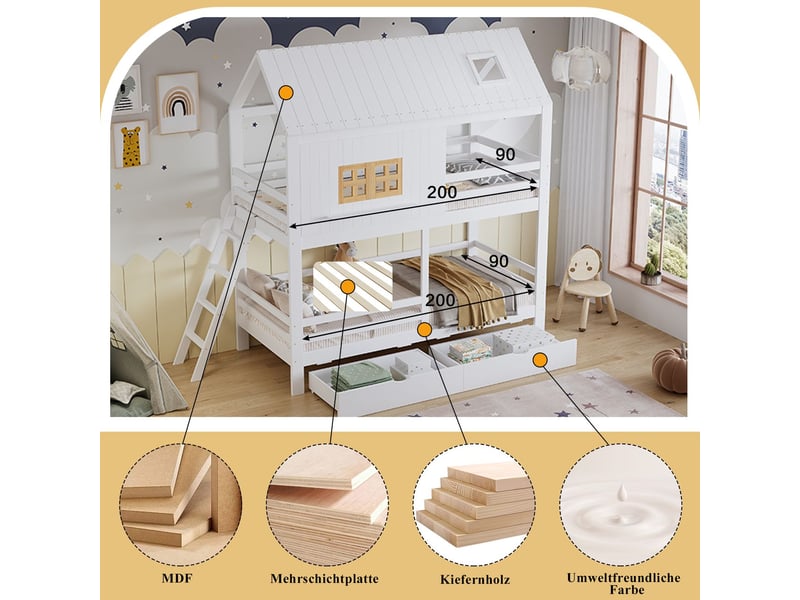  Lit superposé90x200cm - maison avec toit et fenêtre, 2 grands tiroirs - lit superposé enfant - bois de pin massif, design scandinave  - Conforama E