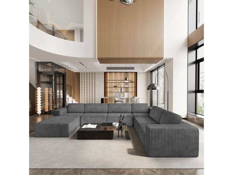  Canapé modulaire panoramique 7 places ouvert à gauche,velours côtelé,1 pouf,canapé compressé pour grand salon,404x303x82cm,gris 404x303x82CM - Conforama B