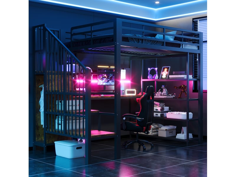  Lit mezzanine 140x200 cm avec bureau, escalier de rangement, led et prises, noir  - Conforama E
