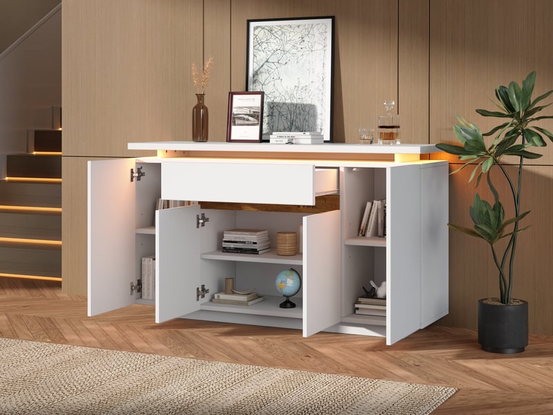  Buffet blanc avec éclairage led, 4 portes et 1 tiroir, étagères réglables, pour salon ou cuisine, 140 x 40 x 80 cm  - Conforama B