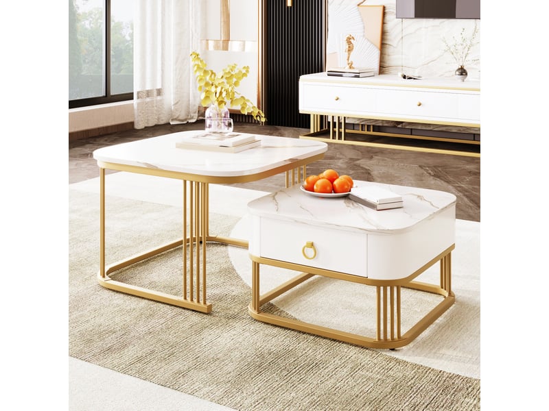  Table basse 60x60x42+50x50x33.5cm, plateau motif marbre, meuble salon, table gigogne avec tiroir, en mdf, or+coloris blanc  - Conforama D