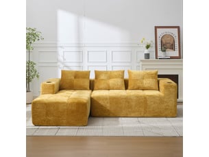 Canapé d'angle - jaune - 258 cm de large - design minimaliste - accoudoirs avec porte-gobelet - style moderne