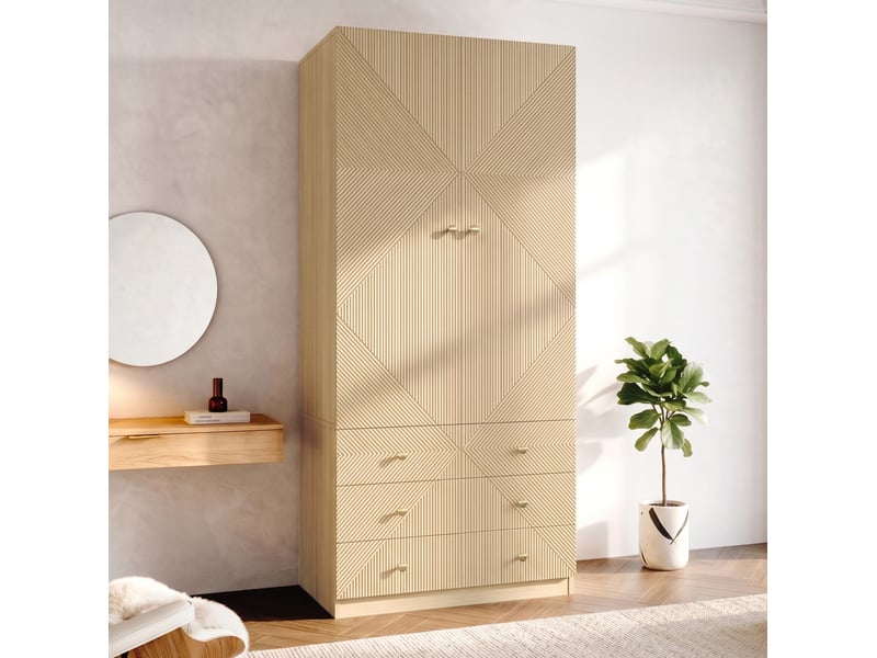  Armoire 2 portes avec penderie et 6 tiroirs, aspect chêne moderne pour chambre, bureau et chambre d’enfant en mdf  - Conforama D