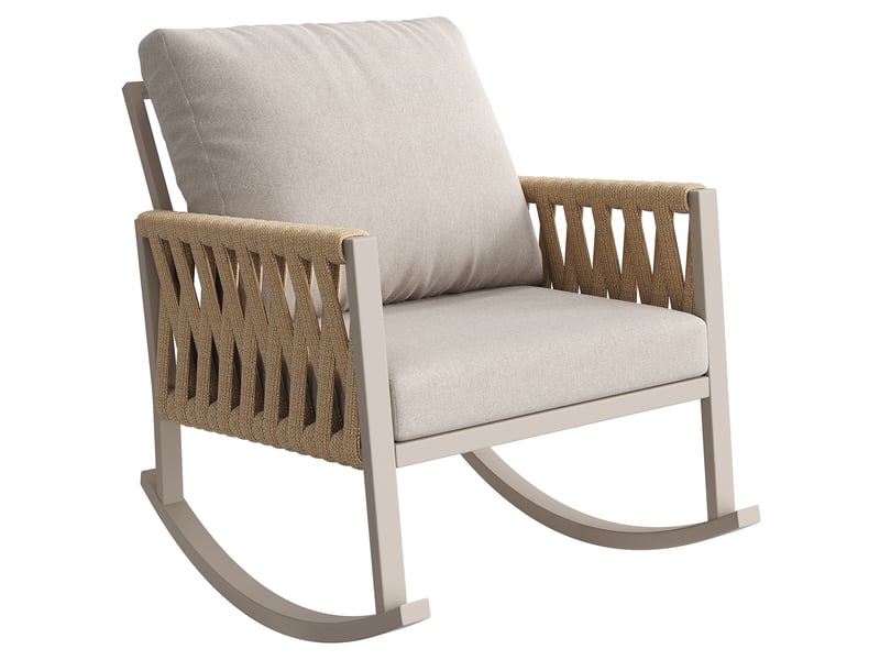 Fauteuil à bascule de jardin 65x79x78 cm avec tressage corde croisée, coussins confortables, structure métal, beige - Conforama A