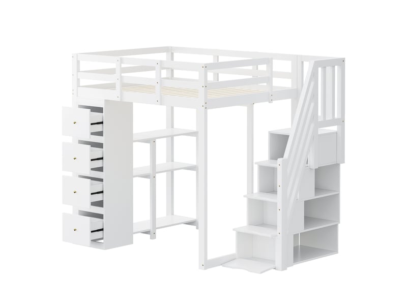  Lit mezzanine blanc 140x200cm avec rangement, échelle, étagères, gain de place, confort durable - bois massif - pour enfant ado  - Conforama D
