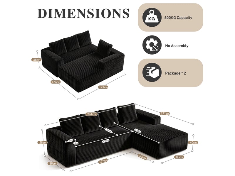Canapé d’angle tcqpz modulable 4 places 261 x 171 x 58 cm avec méridienne à gauche velours côtelé noir - Conforama C