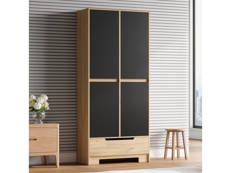 Armoire haute de cuisine 80x35x180 cm avec 1 grand tiroir, rangements de porte, étagères réglables, grand rangement, mdf noir et bois naturel - Conforama B