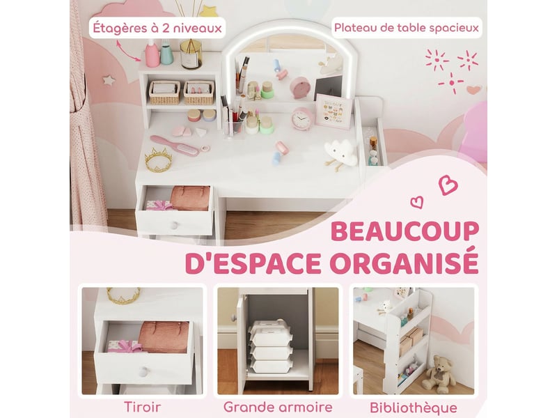 Coiffeuse pour enfants avec tabouret et miroir led, table de maquillage pour 3 à 8 ans, 88,6 x 38,8 x 96,9 cm, blanc - Conforama R