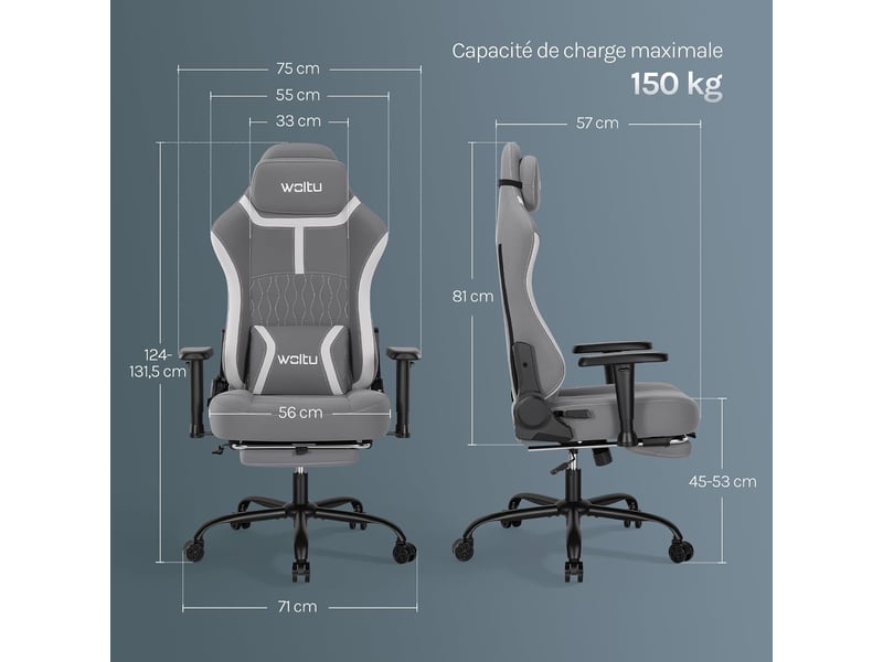  Chaise gaming, avec dossier inclinable appui-tête,repose-pieds rétractable, en maille, gris  - Conforama C