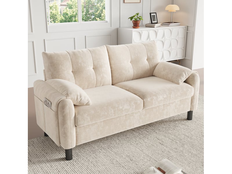  Canapé 2 places moderne en tissu chenille beige avec coussins épais, confortable et compact – design scandinave idéal pour salon, chambre ou petit appartement ORFRN653P9810A - Conforama B