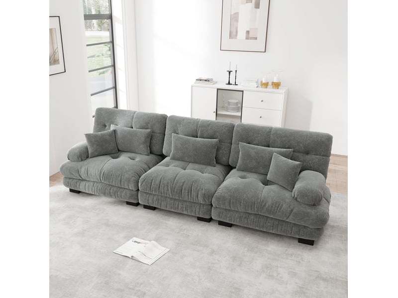  Canapé modulable 313x77x81cm 3 places, assise confortable, accoudoirs courbés, structure en bois, tissu chenille, gris  - Conforama D