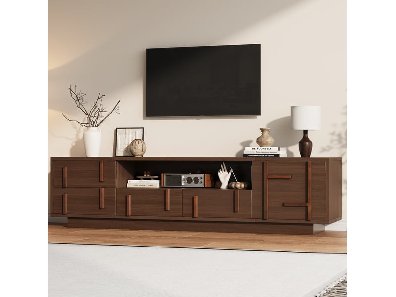  Meuble tv 180 cm en mdf bois foncé, 4 tiroirs et rangements ouverts, pour écran jusqu'à 75 pouces, salon  - Conforama B