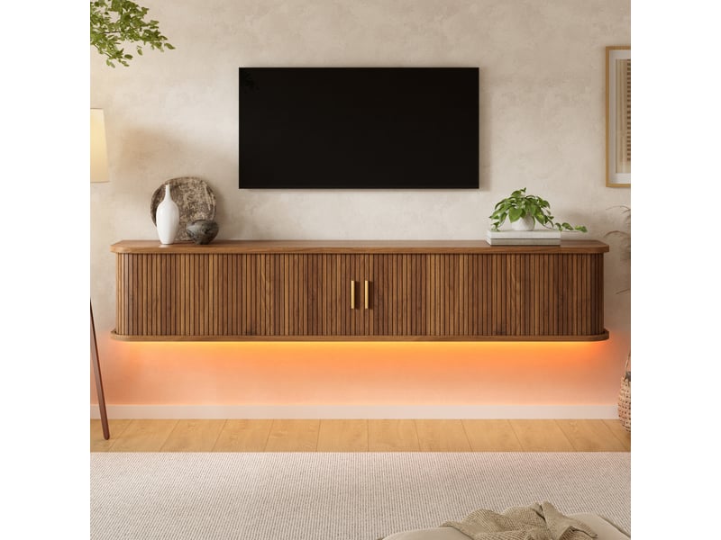 Meuble tv suspendu 175 x 30 x 30 cm mdf rainuré led réglable par application pour salon - Conforama B