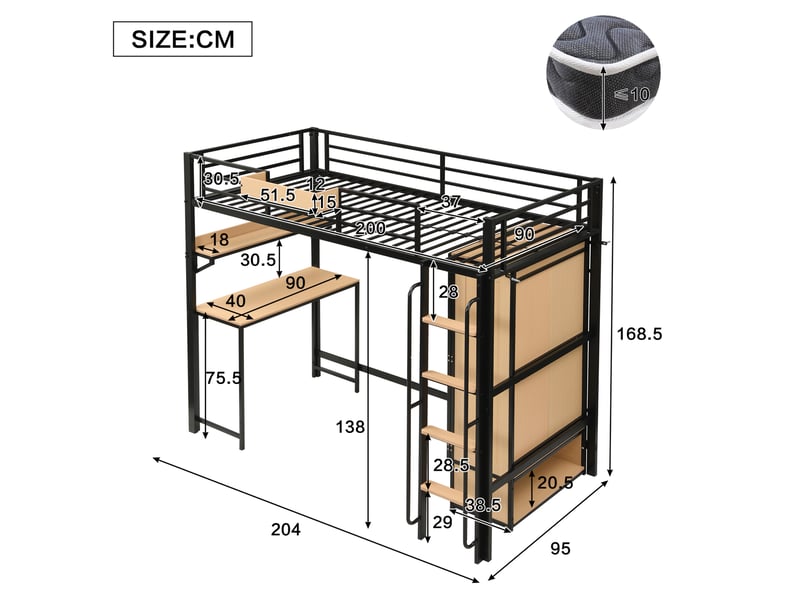 Lit mezzanine enfant 90x200 cm – noir et naturel – bureau, armoire 2 portes et rangements, sans matelas - Conforama C