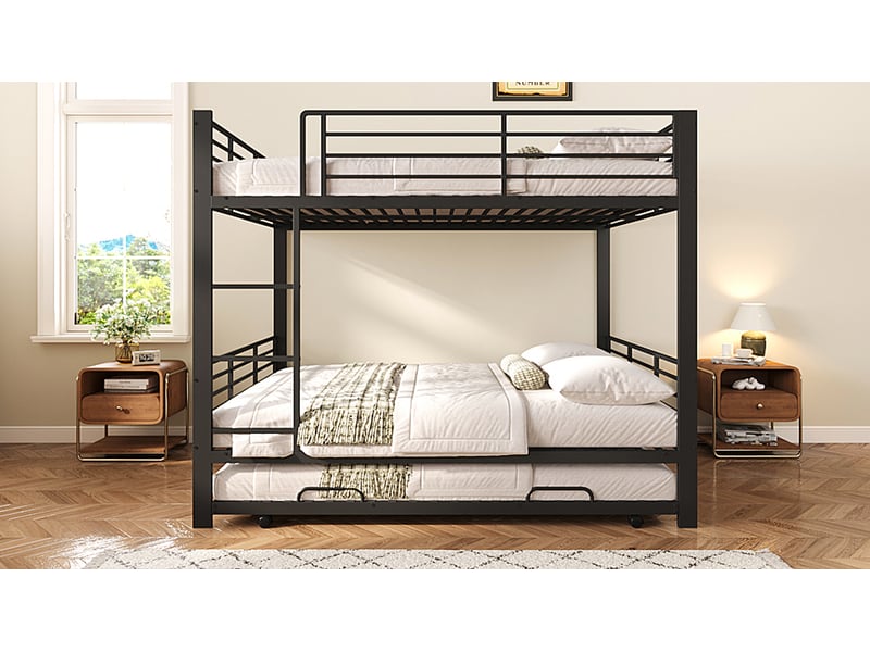  Lit superposé en métal 140x200 cm avec lit gigogne et échelle noir métal pour enfants et adolescents avec garde-corps de sécurité Sol Morn - Conforama D