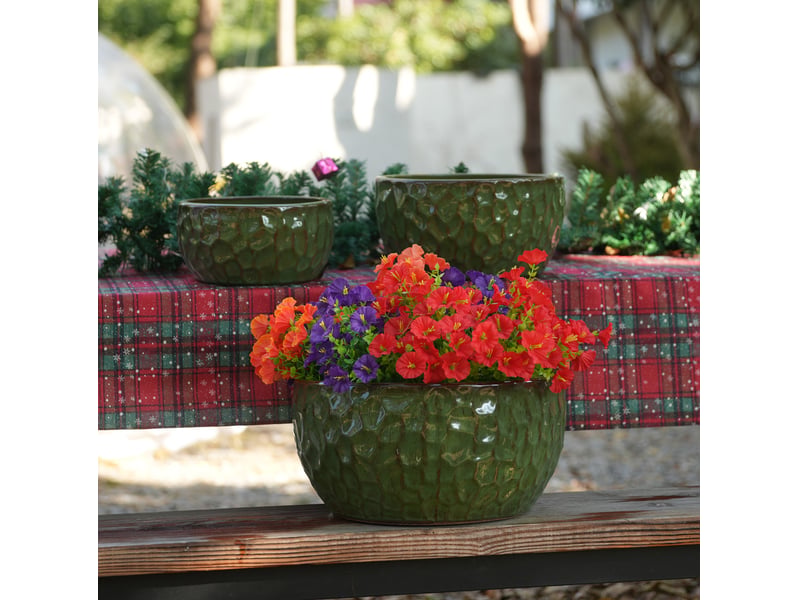Lot de 3 pots de fleurs en céramique émaillée vert antique avec trous de drainage, pour intérieur et extérieur - Conforama B