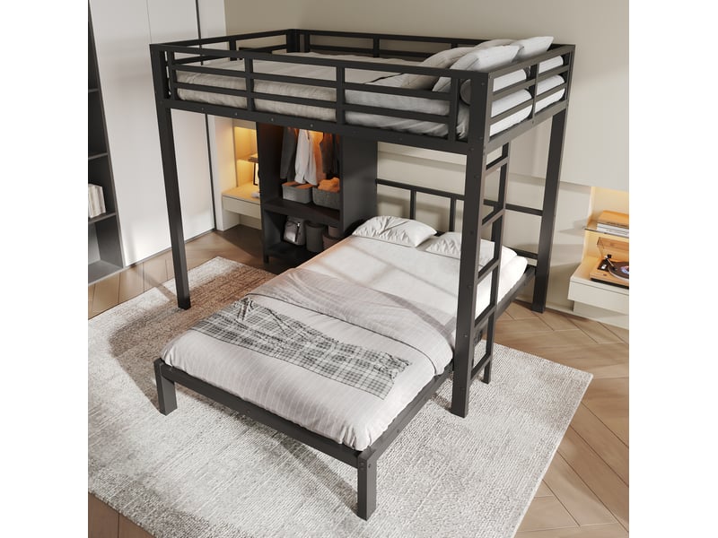  Lit superposé 120 × 200 cm avec 2 couchages, armoire intégrée, led et échelle droite pour chambre 204 × 207 × 170 cm  - Conforama E