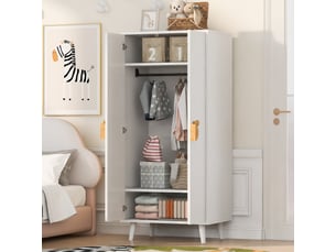 Armoire de chambre enfant 2 portes, penderie et compartiments, 70 × 55 × 170 cm, blanche, poignées ludiques sur pieds