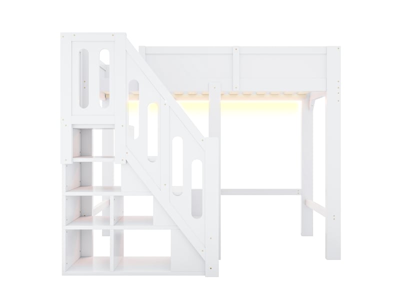  Lit mezzanine enfant 90x200 cm en bois avec escalier de rangement et éclairage led, avec escalier multifonction, pour chambre d’enfant - blanc  - Conforama E