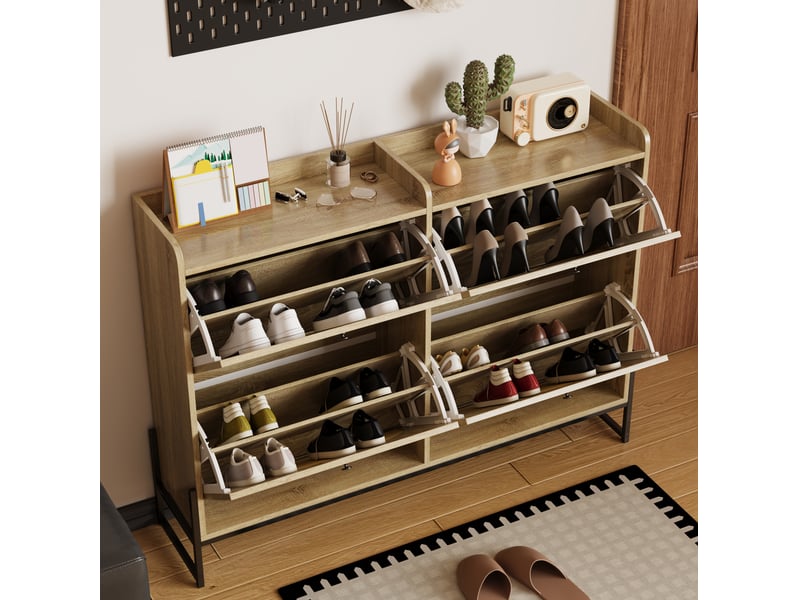  Meuble à chaussures étroit à 4 portes abattantes, finition bois naturel  - Conforama C