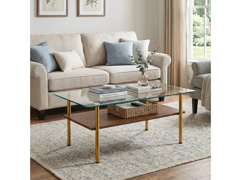 Table basse rectangulaire double niveau - lpospi - plateau en verre, étagère mdf, métal doré, marron 98 × 58 × 45 cm - Conforama B