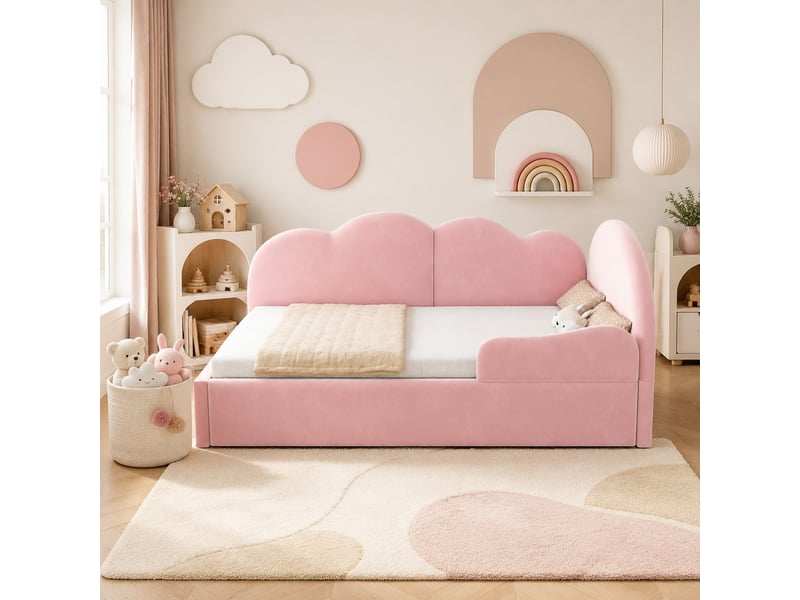  Lit gigogne 90 × 200 cm et 90 × 190 cm 2 places avec tête de lit nuage, sans matelas, en velours rose  - Conforama B