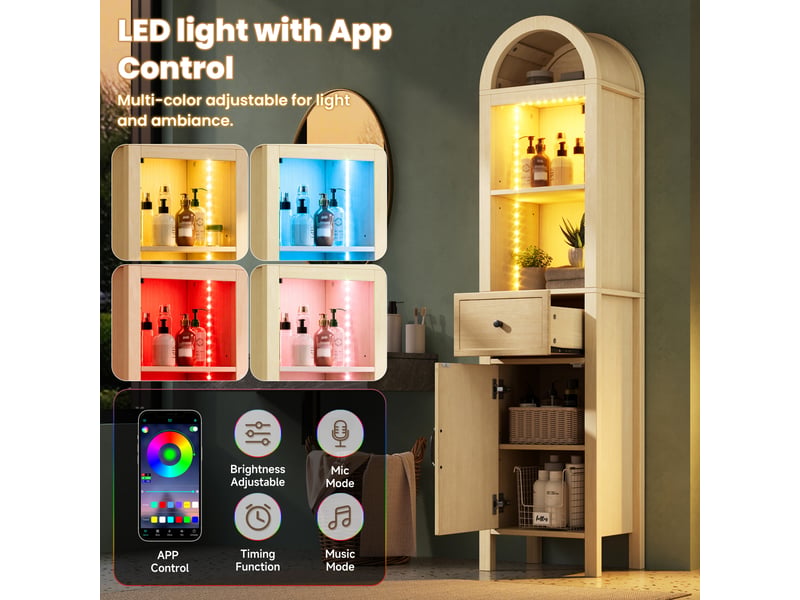  Colonne de salle de bain avec led 2 portes 1 tiroir mdf bois naturel 40x30x163 cm N888P472767D - Conforama E